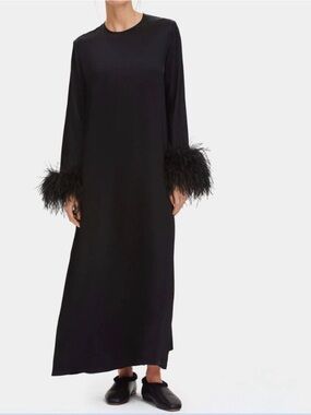 Sleeper Black Long-Sleeve Ostrich Feather Cuff Maxi Dress